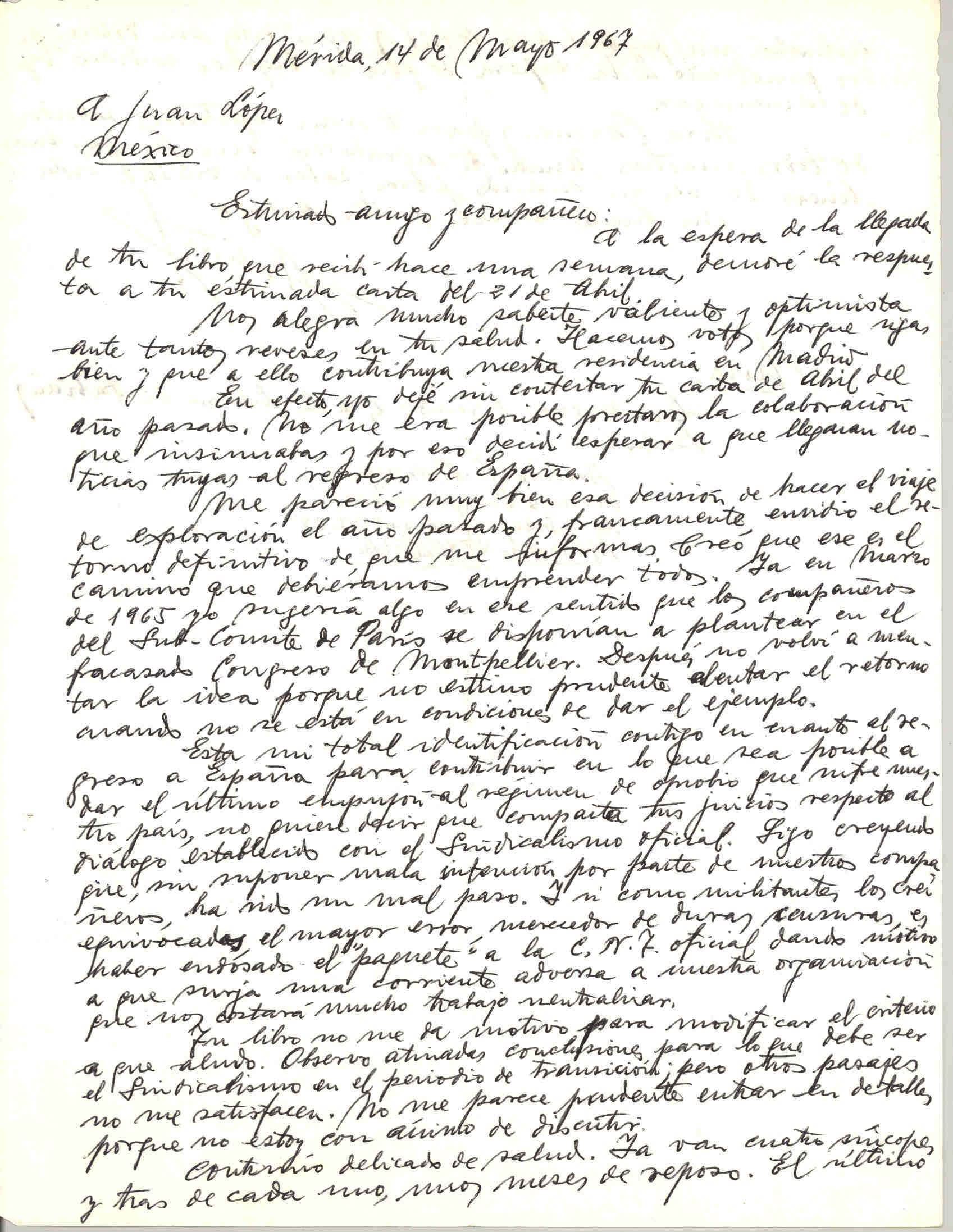 Carta de Avelino González Entrialgo hablando sobre el libro enviado por Juan López, los viajes de regreso a España y el Sindicalismo en el periodo de la transición.