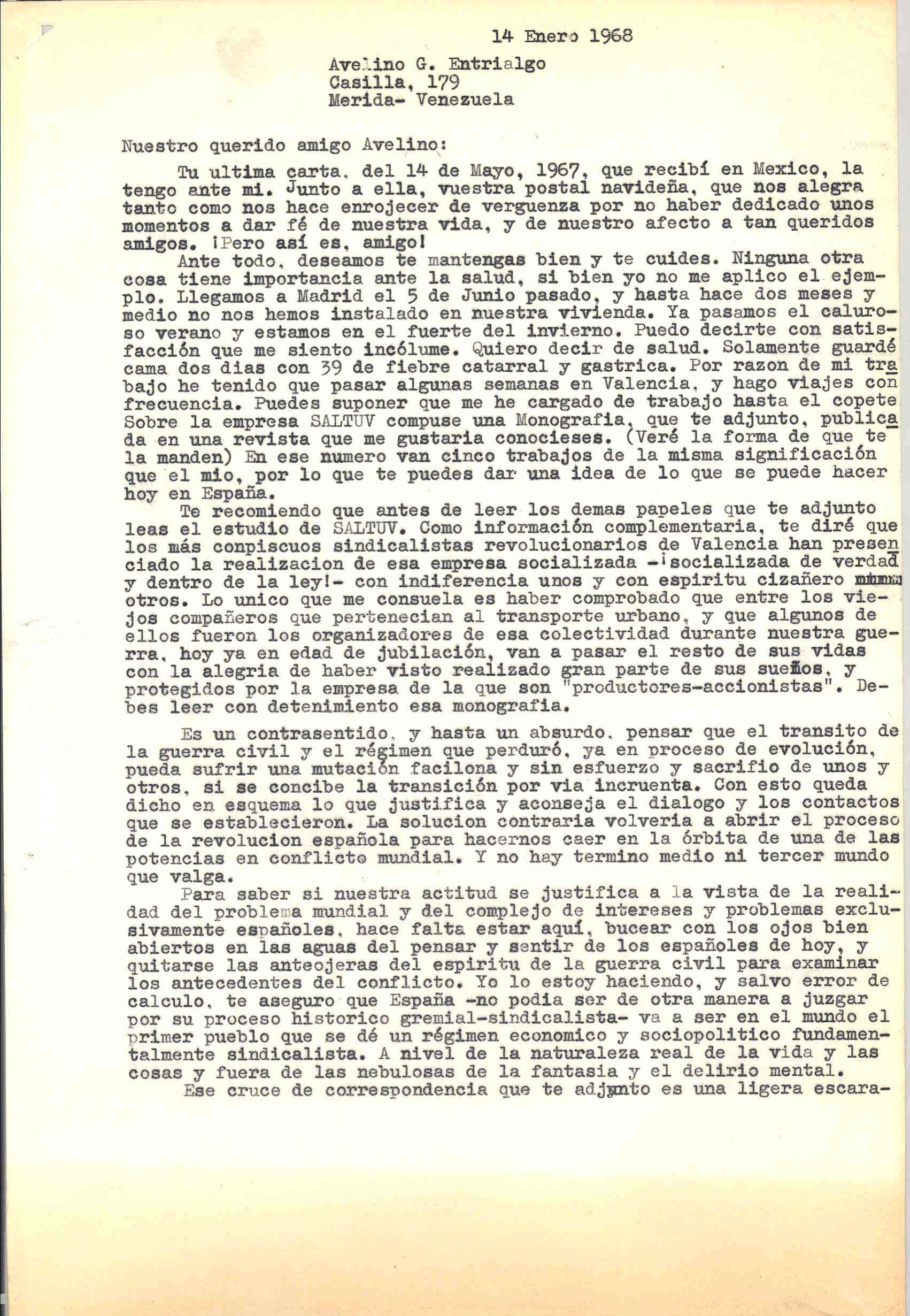 Carta a Avelino González Entrialgo sobre los trabajos y la memoria de Saltuv, realizadas por Juan López y sobre la transición y el diálogo.