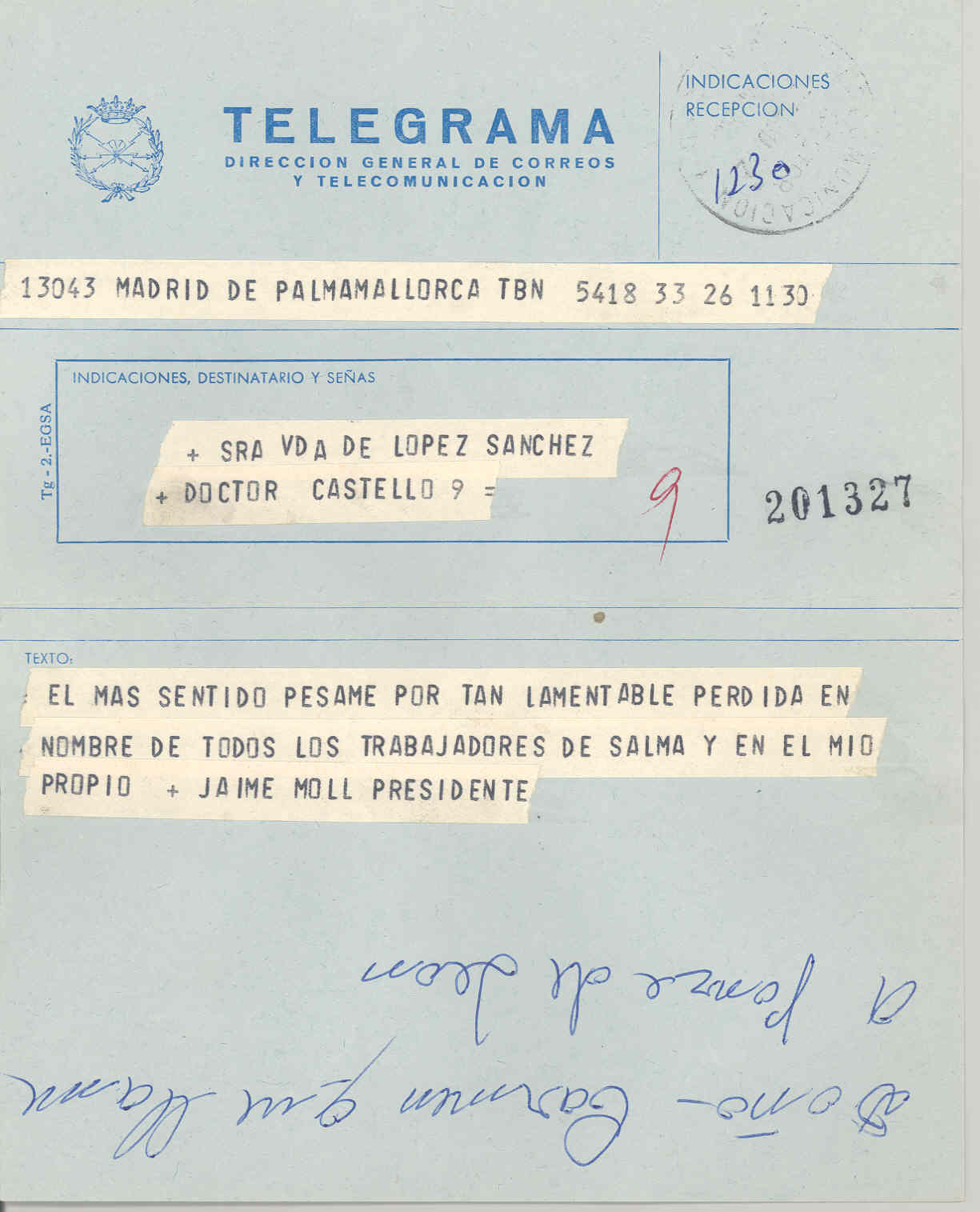 Telegrama de la empresa SALMA expresando su pésame por la muerte de Juan López