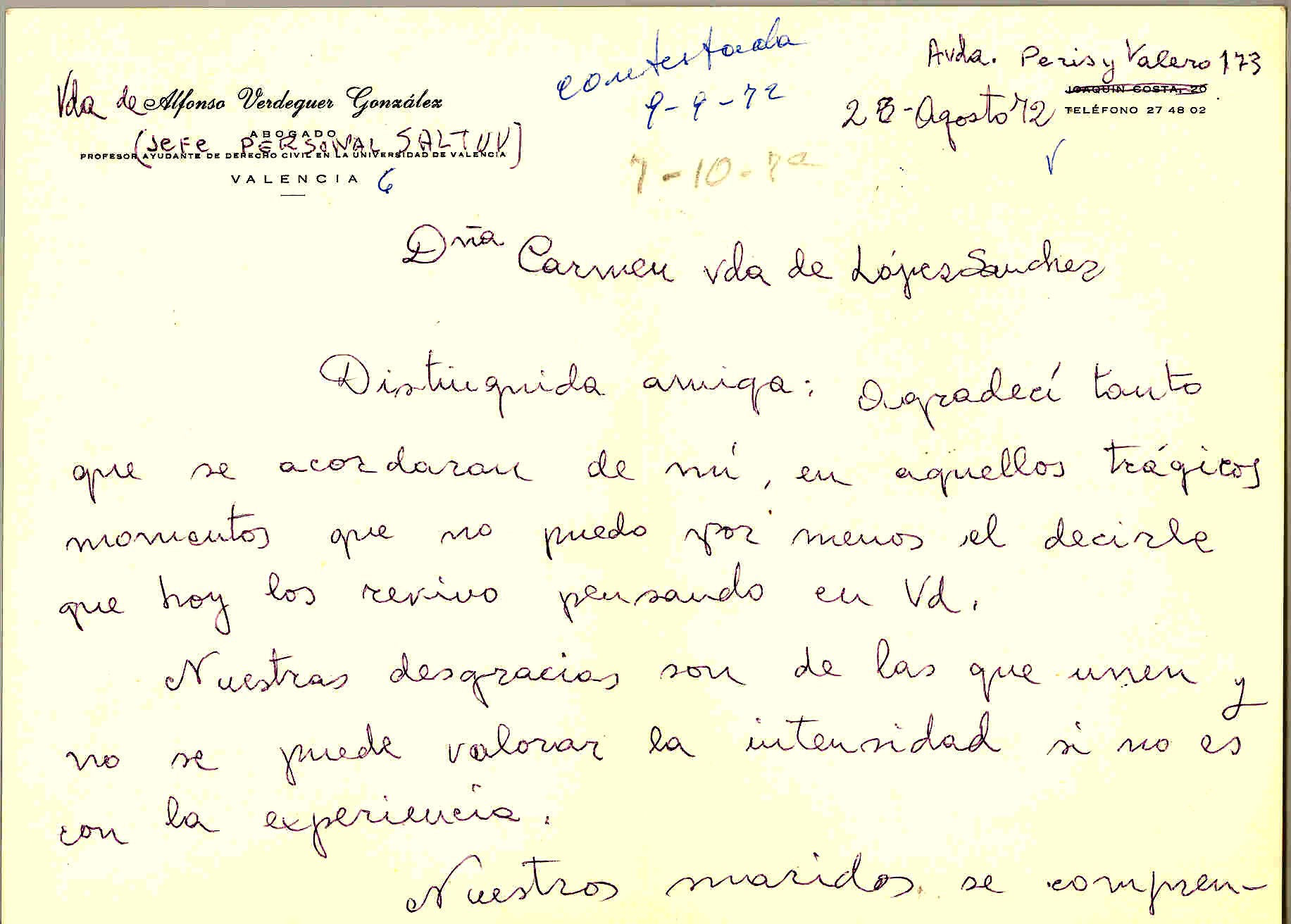 Carta de Rosario Campos (viuda de Alfonso Verdeguer) expresando su pésame por la muerte de Juan López