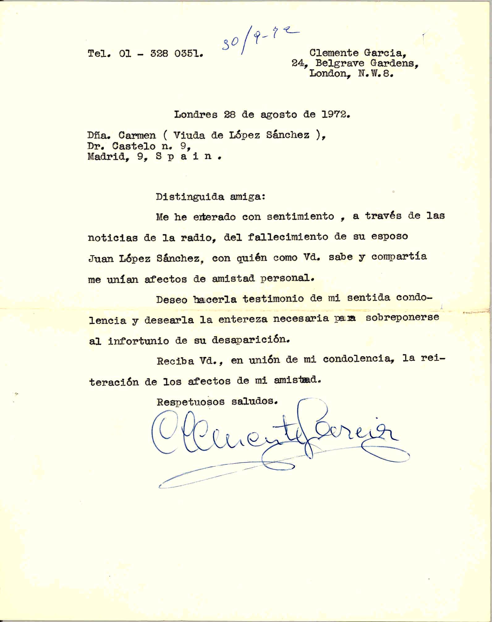 Carta de Clemente García expresando su pésame por la muerte de Juan López