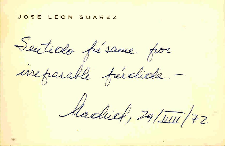 Tarjeta de José León expresando su pésame por la muerte de Juan López