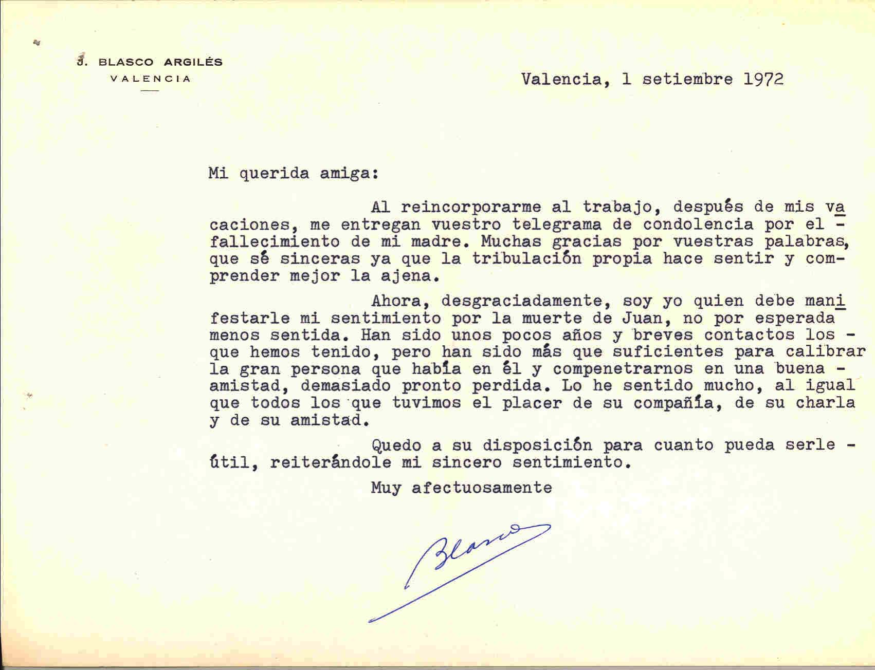 Carta de Blasco Argilés expresando su pésame por la muerte de Juan López