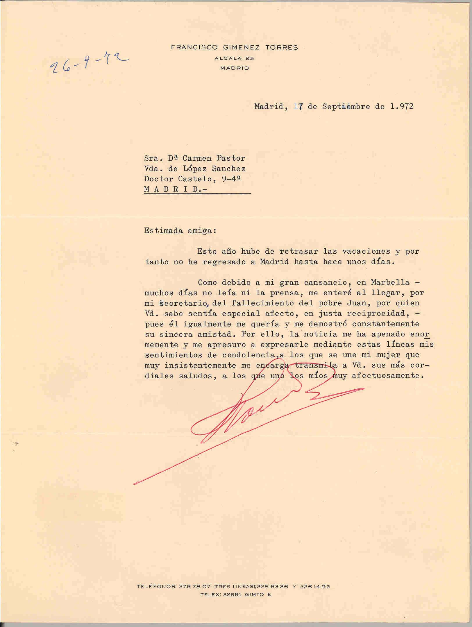 Carta de Francisco Giménez Torres expresando su pésame por la muerte de Juan López