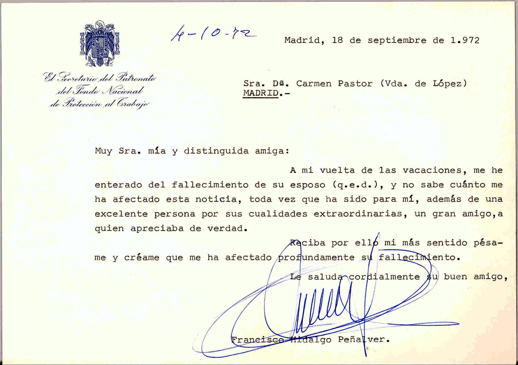 Carta de Hidalgo Peñalver expresando su pésame por la muerte de Juan López