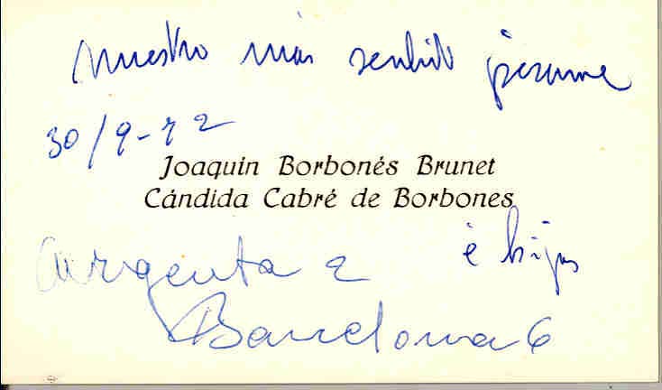 Tarjeta de Joaquín Borbonés Brunet y Cándida Cabré de Borbonés expresando su pésame por la muerte de Juan López