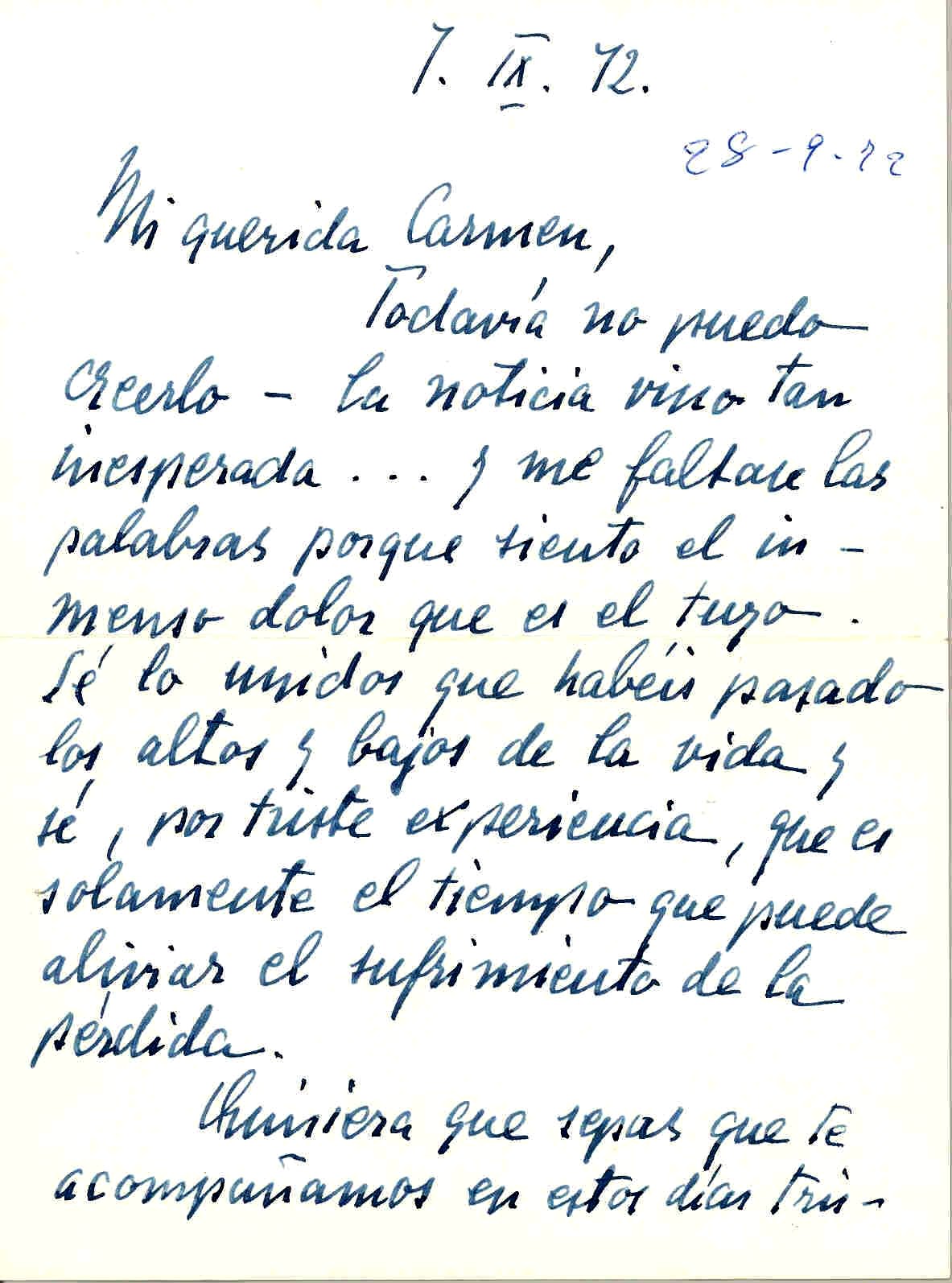 Carta de Mimí expresando su pésame por la muerte de Juan López