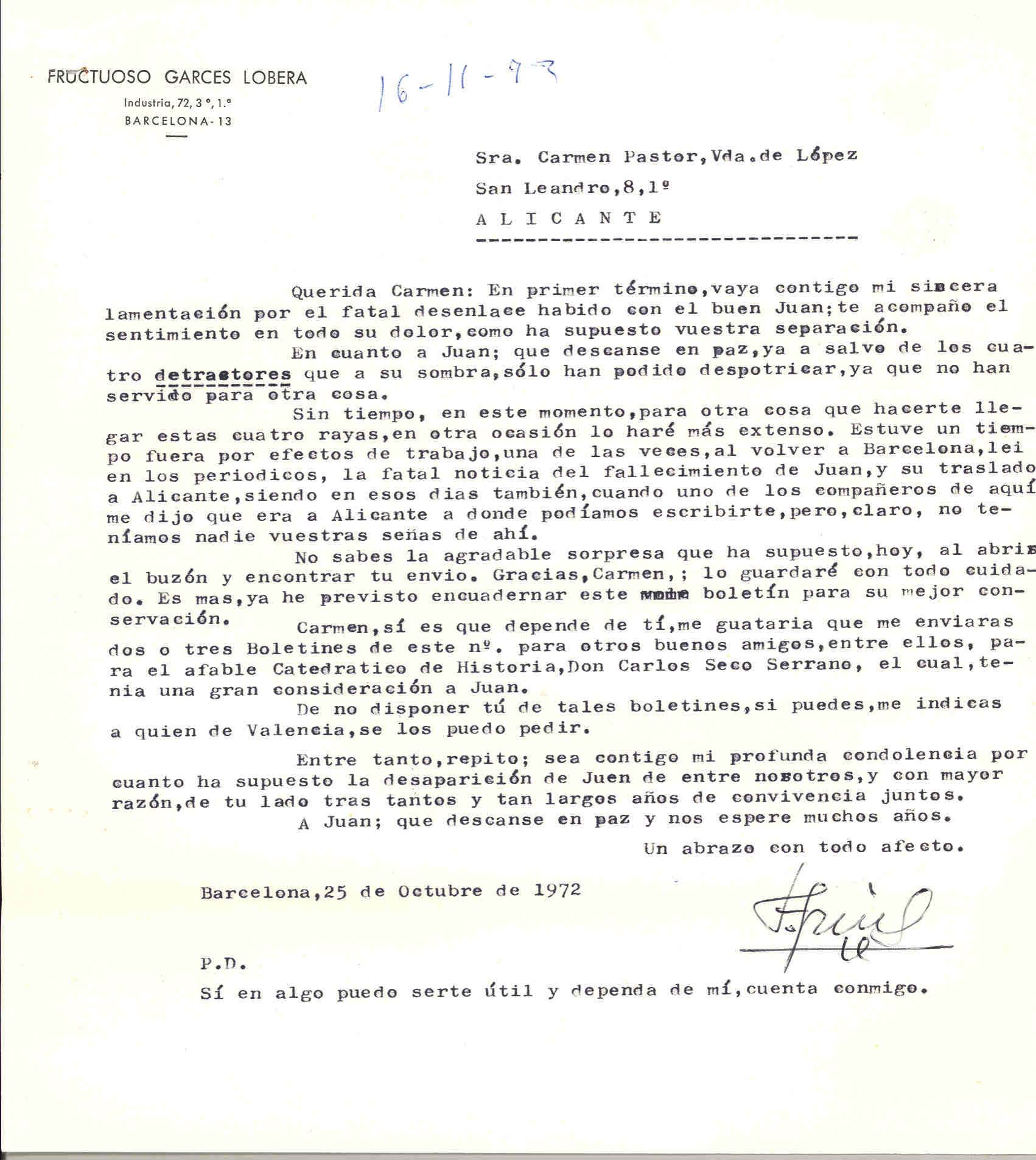 Carta de Fructuoso Garcés Lobera expresando su pésame por la muerte de Juan López y pidiéndole más boletines en memoria de Juan López para su difusión.