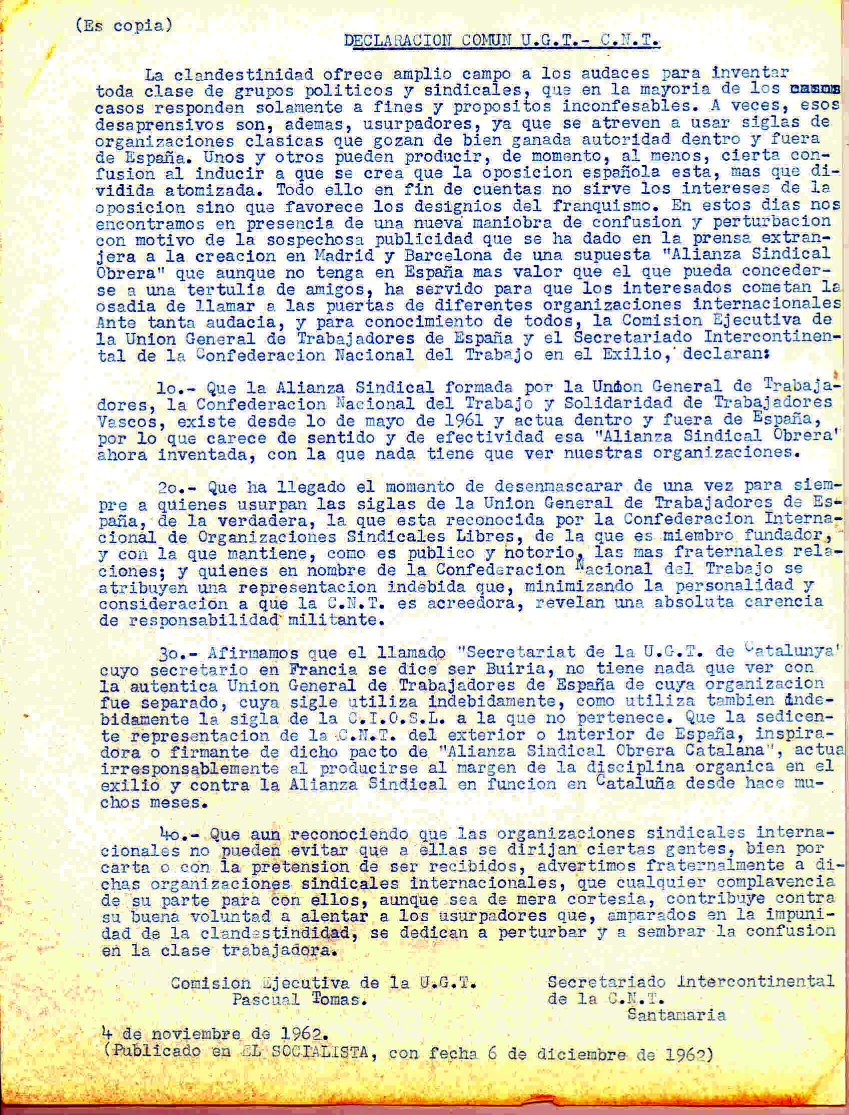 Copia mecanográfica de la Declaración Común UGT-CNT (4-11-1962).