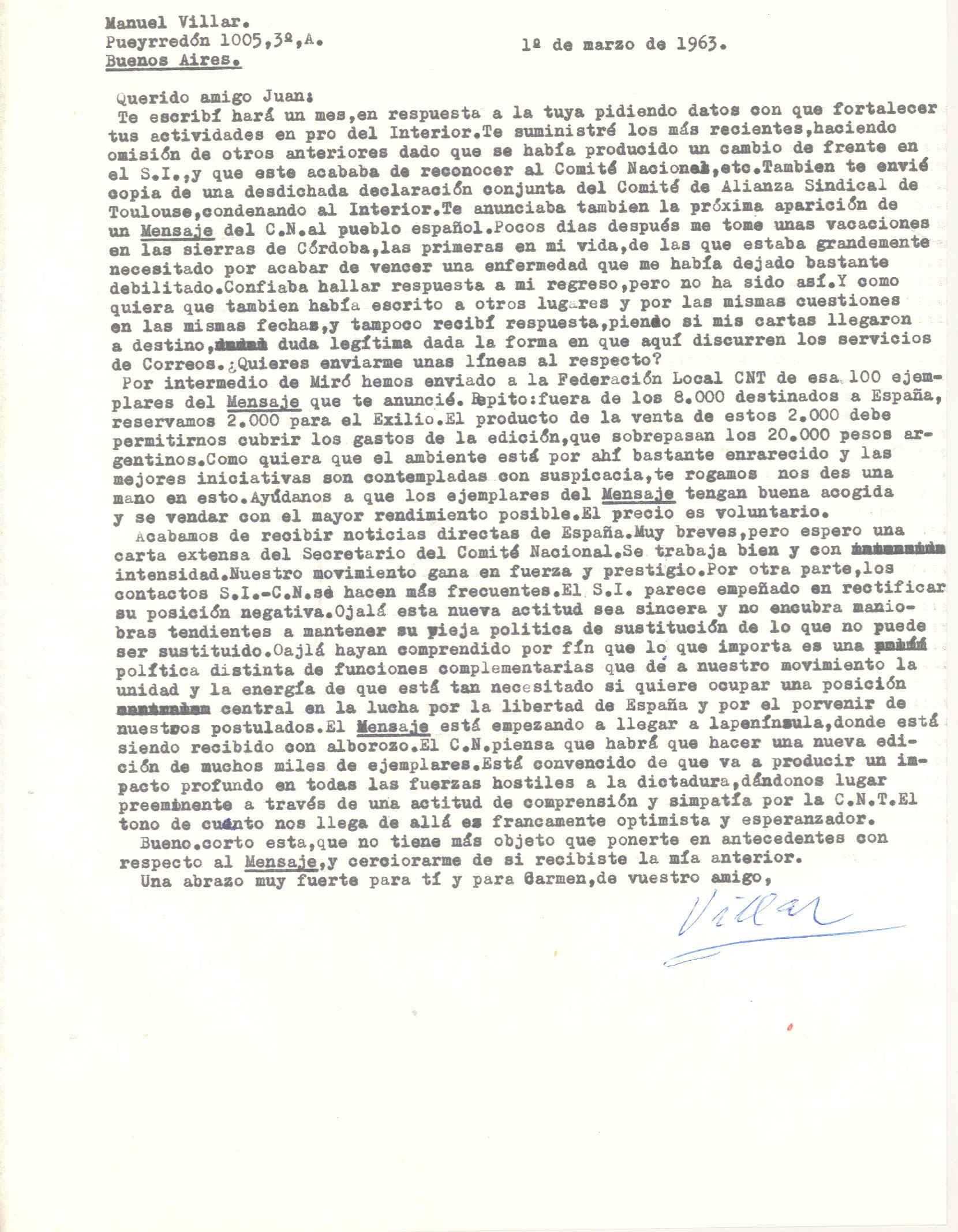 Carta de Manuel Villar comentando no recibir respuesta a sus cartas, el precio de los ejemplares del Mensaje del CNT al pueblo español y su acogida