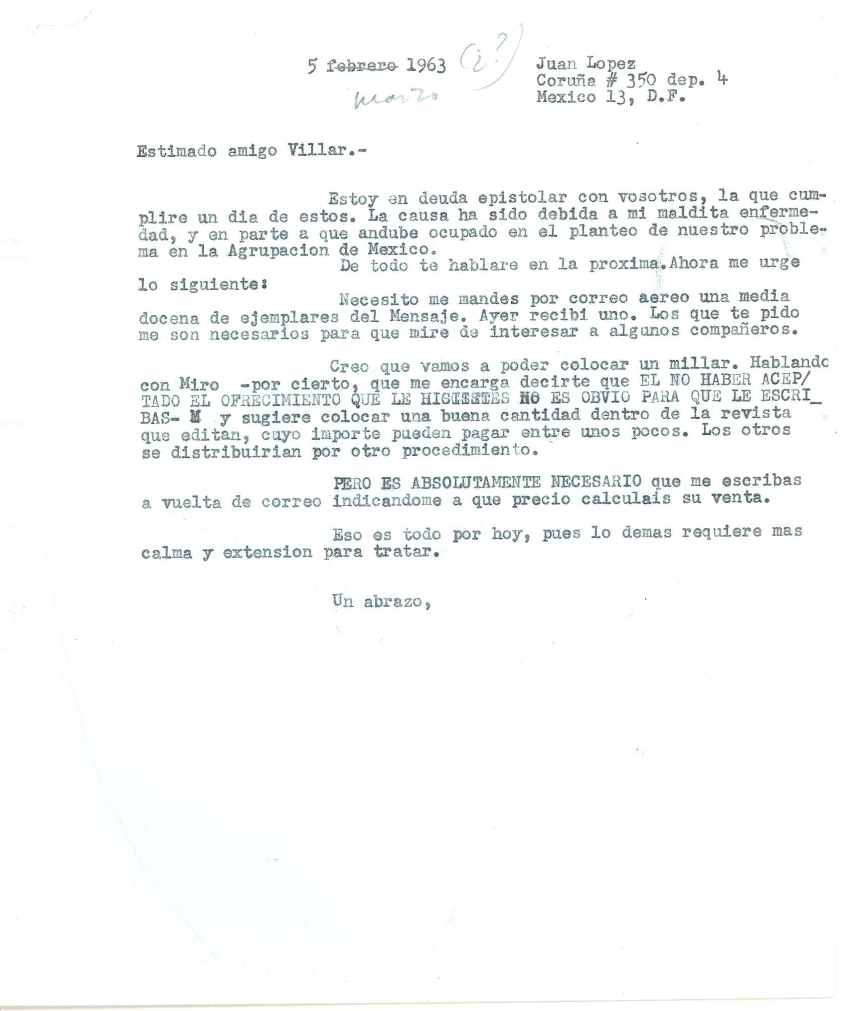 Carta a Manuel Villar solicitando el envío de una media docena de ejemplares del Mensaje del CNT al pueblo español