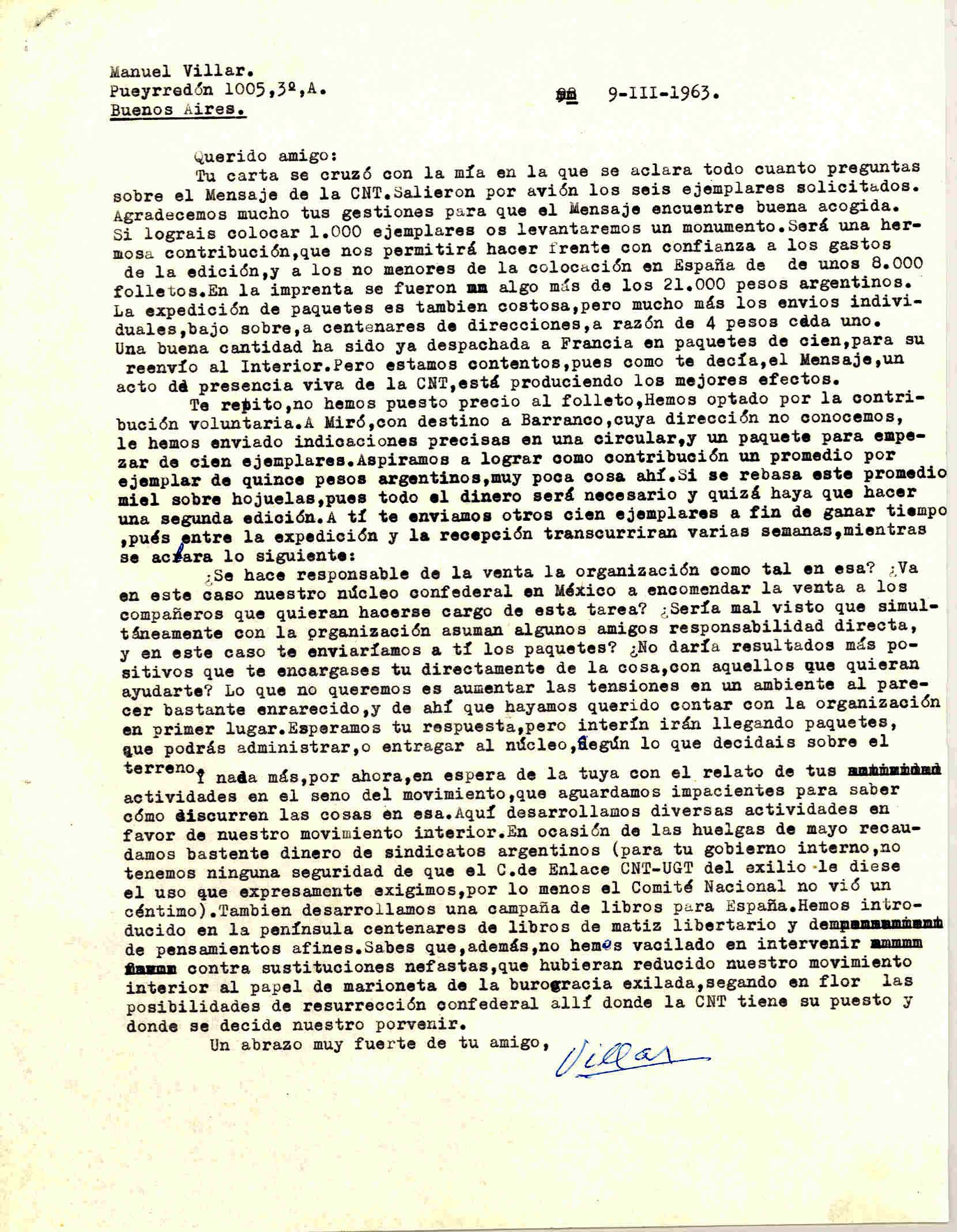 Carta de Manuel Villar sobre la difusión y acogida del folleto que contiene el Mensaje del CNT al pueblo español
