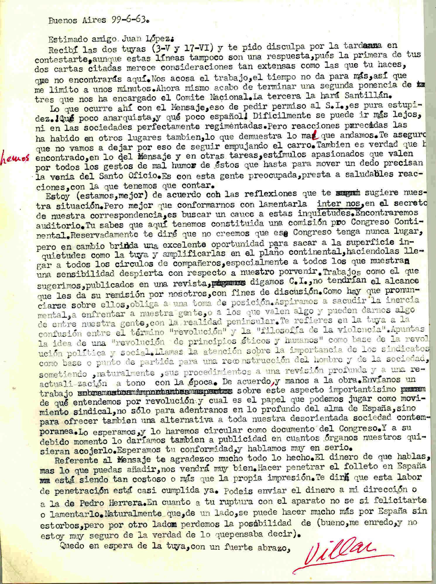 Carta de Manuel Villar en contestación de la carta sobre el problema nacional de España y sobre la difusión y acogida del Mensaje del CNT al pueblo español