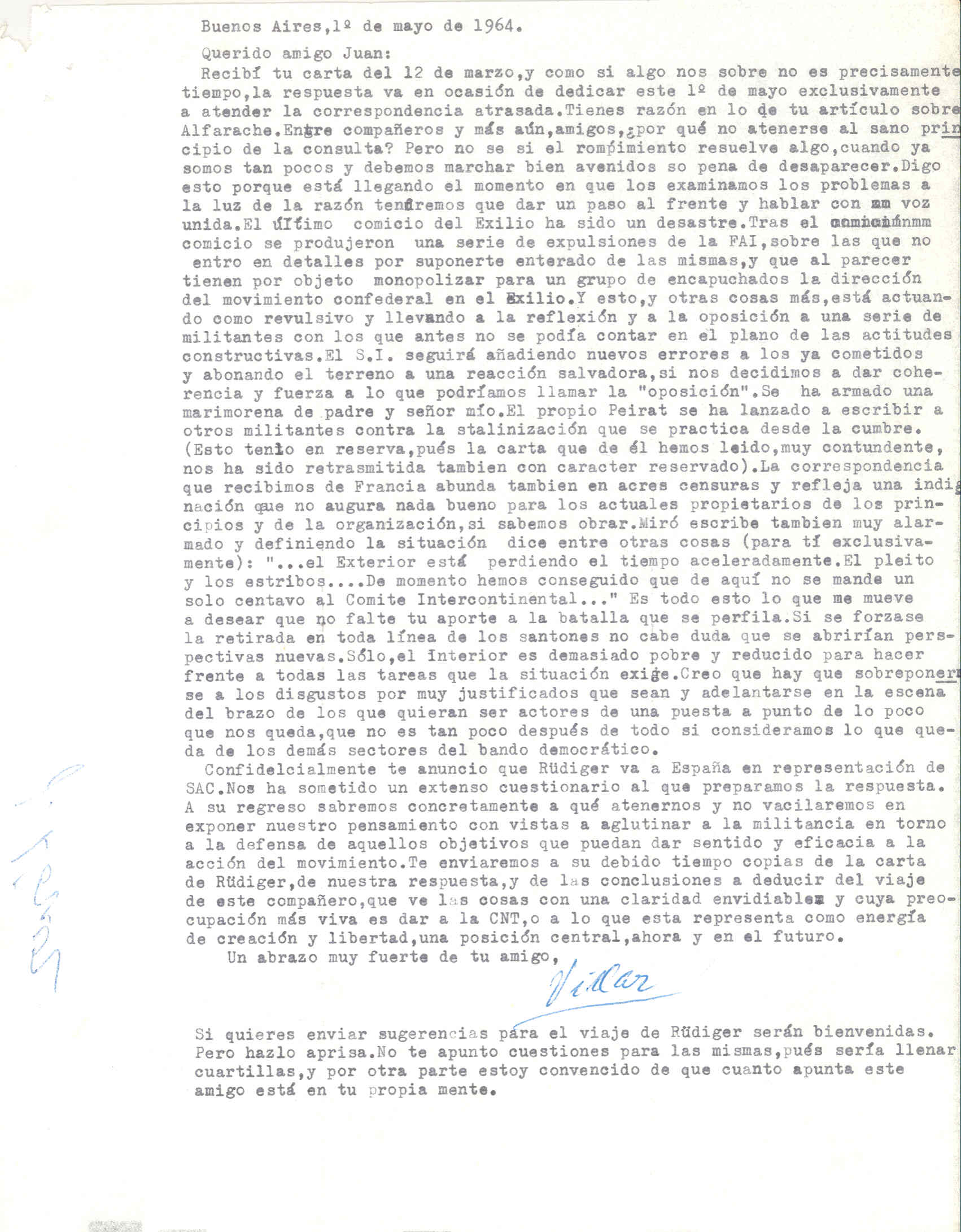 Carta de Manuel Villar sobre la situación en España, las expulsiones de la FAI y los continuos errores del Secretariado Intercontinental