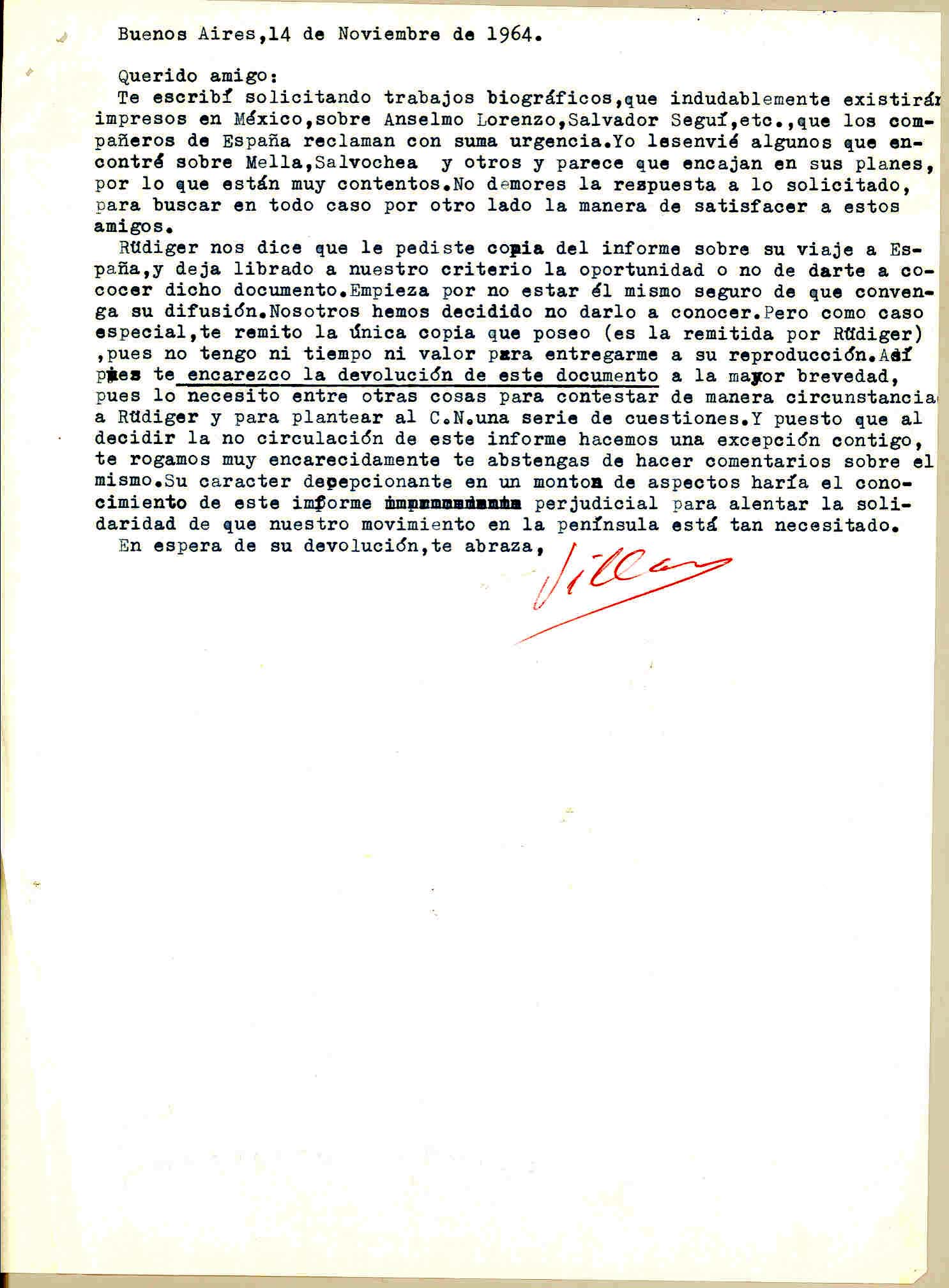 Carta de Manuel Villar con la que adjuntó copia del informe de Rüdiger sobre su viaje a España y realiza comentarios sobre éste.