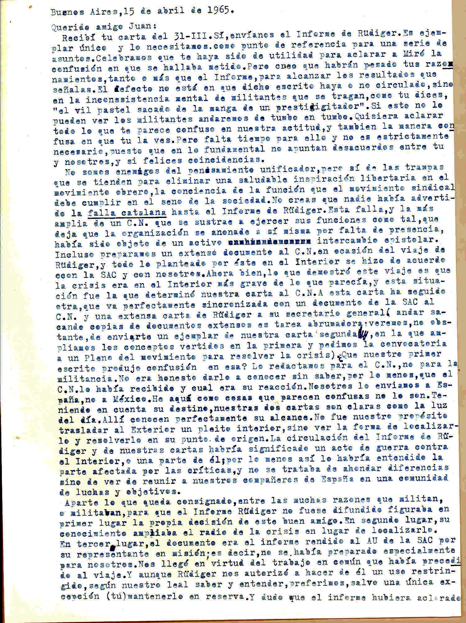 Carta de Manuel Villar exponiendo los motivos por los cuales no van a difundir el informe de Rüdiger y explicando los puntos discrepantes con Juan López