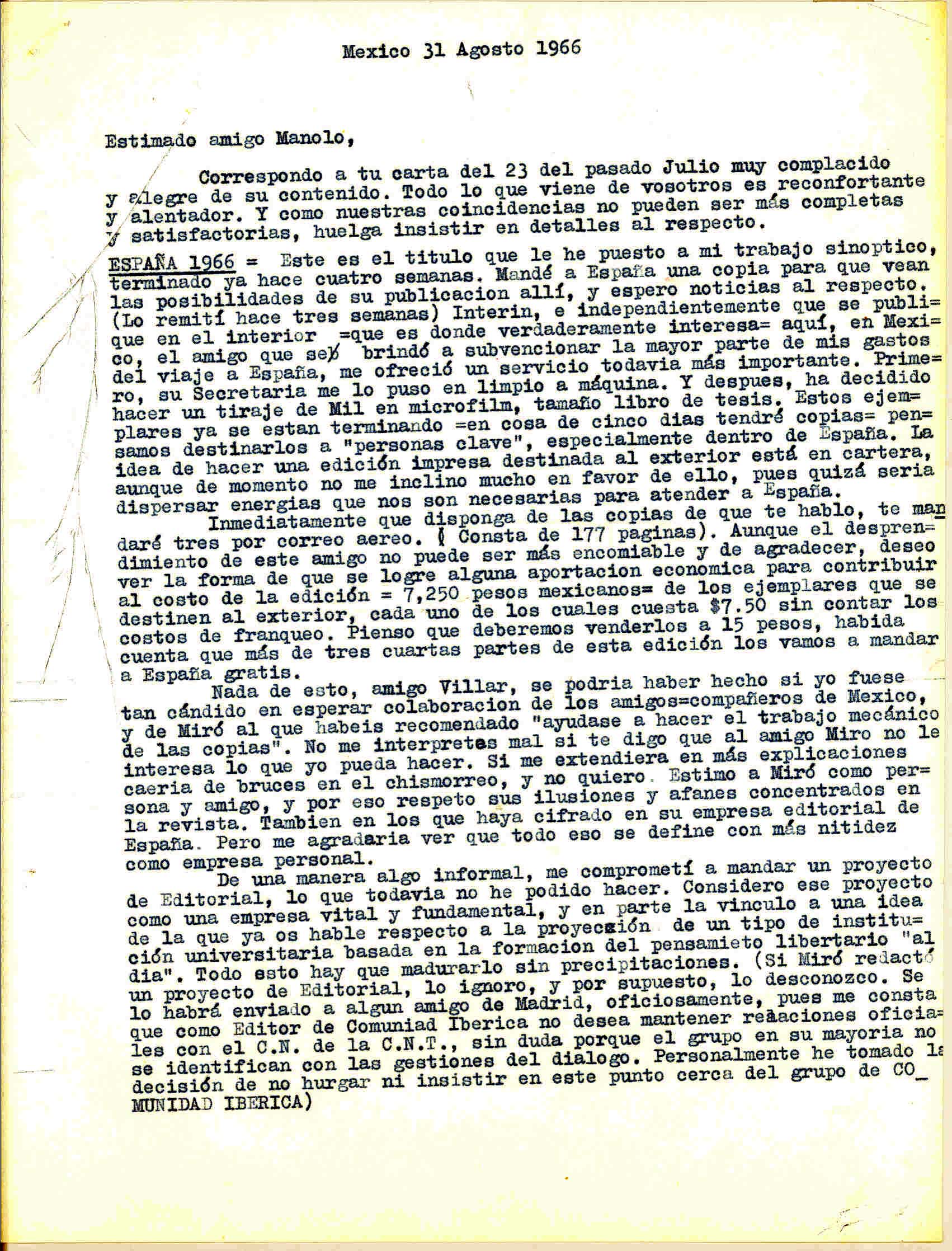 Carta a Manuel Villar sobre la impresión, distribución y el coste de los ejemplares del trabajo sinóptico de Juan López 