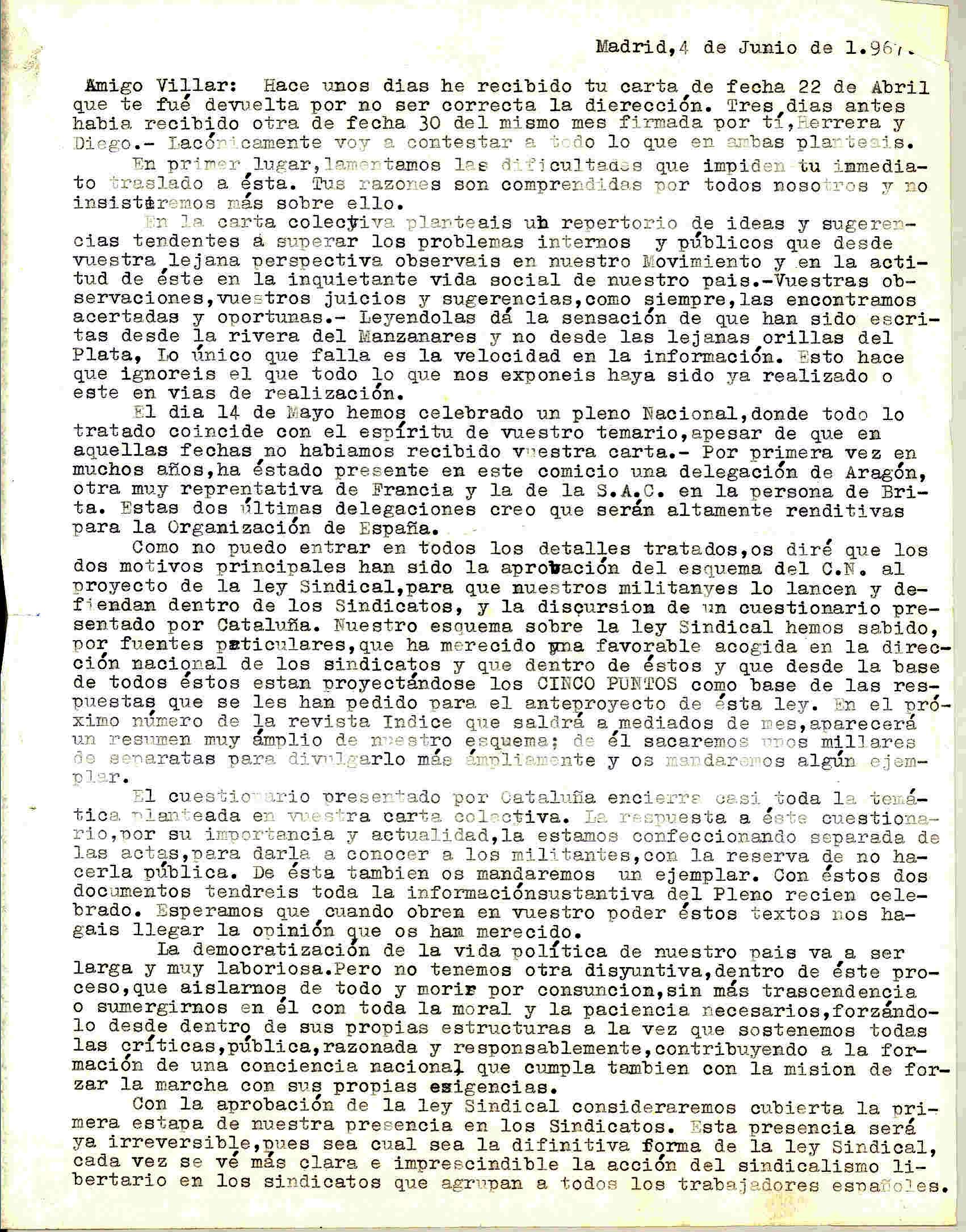 Carta a Manuel Villar sobre el Pleno Nacional celebrado el 14/05/67, exponiéndole los temas tratados y lo acuerdos adoptados, entre ellos la democratización de la vida política de España
