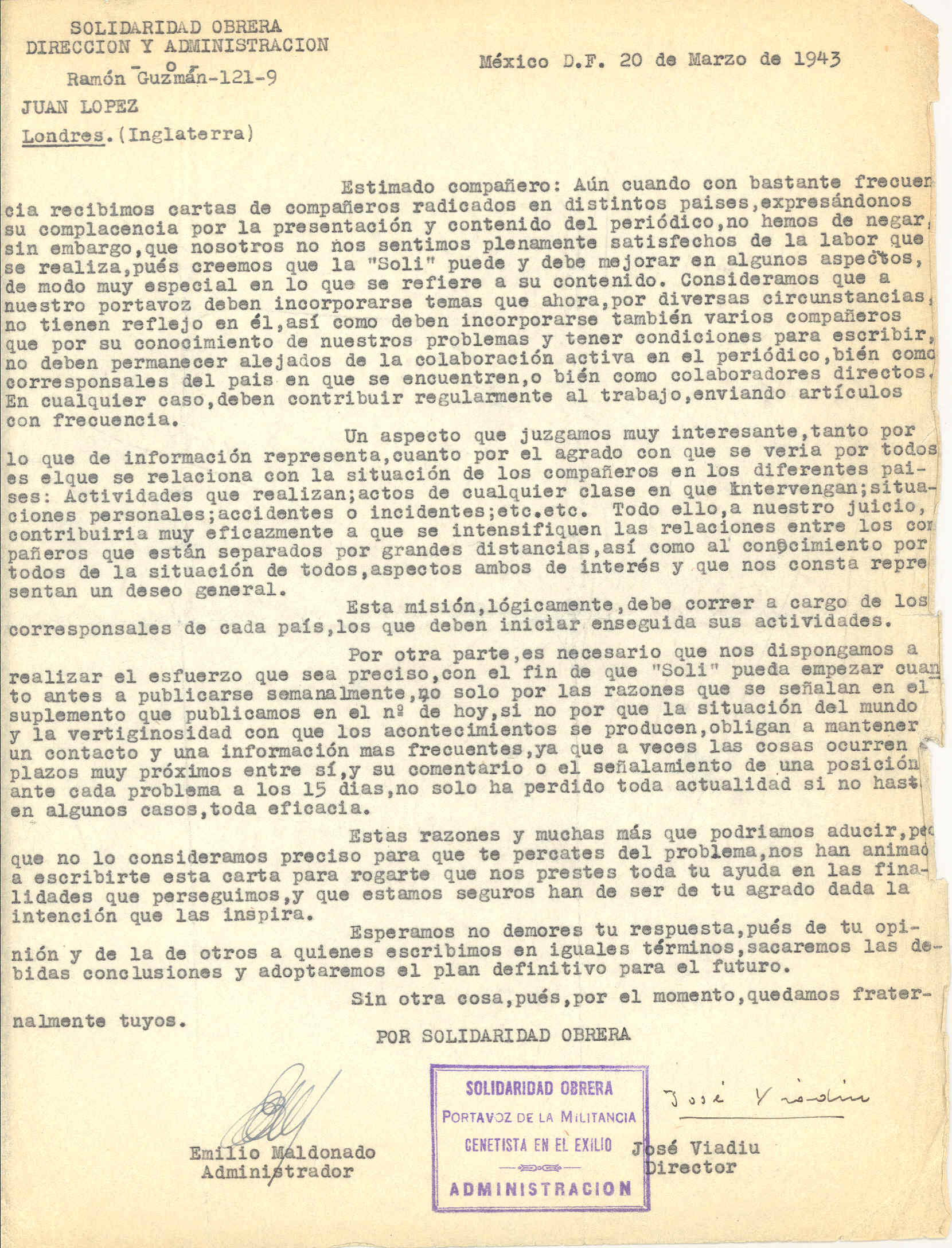 Carta de Solidaridad Obrera explicandóle la finalidad del periódico y solicitando su colaboración para cumplir sus objetivos.