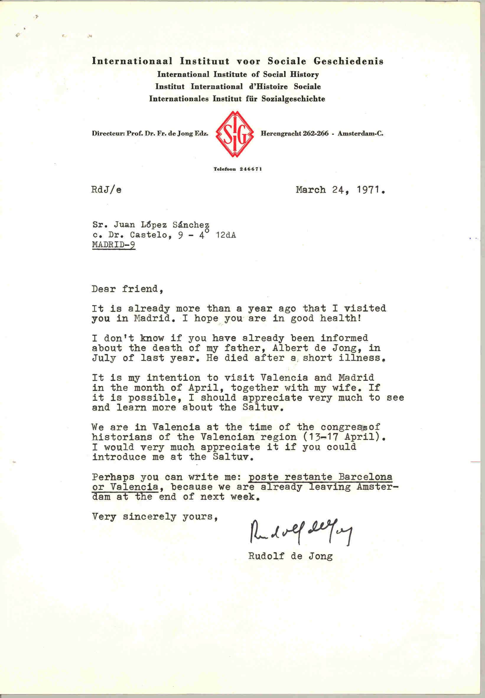 Carta de Rudolf de Jong (director del Instituto Internacional de Estudios Sociales de Historia) comunicándole la muerte de su padre y su intención de visitar Madrid y Valencia