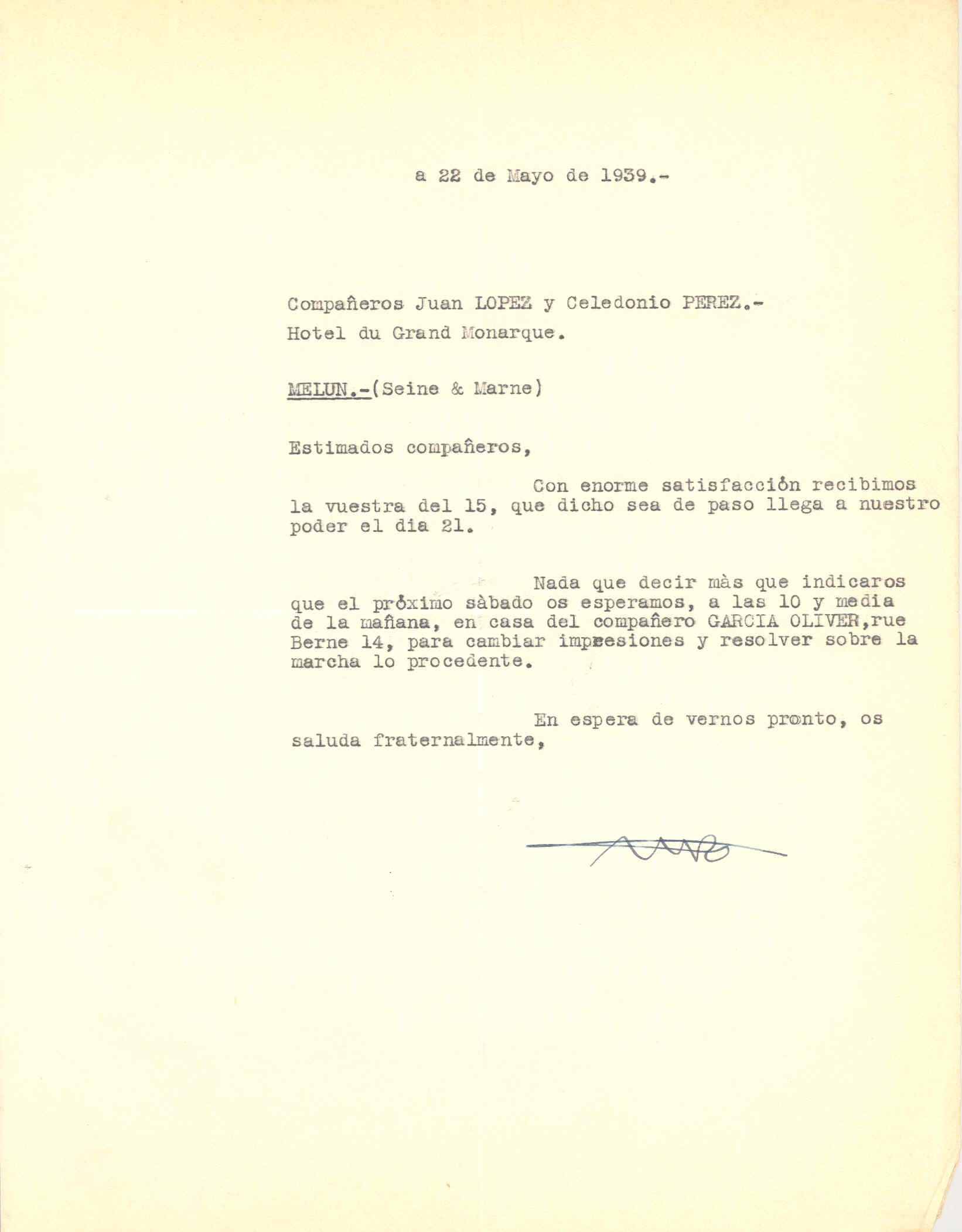 Carta del Consejo General del Movimiento Libertario comunicando a Celedonio Pérez y a Juan López la fecha, el lugar y la hora de la primera reunión del Consejo con ellos.