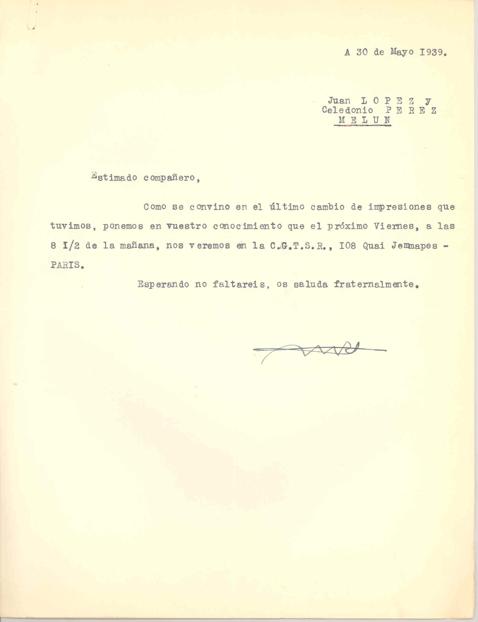 Carta del Consejo General del Movimiento Libertario a Juan López y a Celedonio Pérez informándoles de la próxima reunión del Consejo.