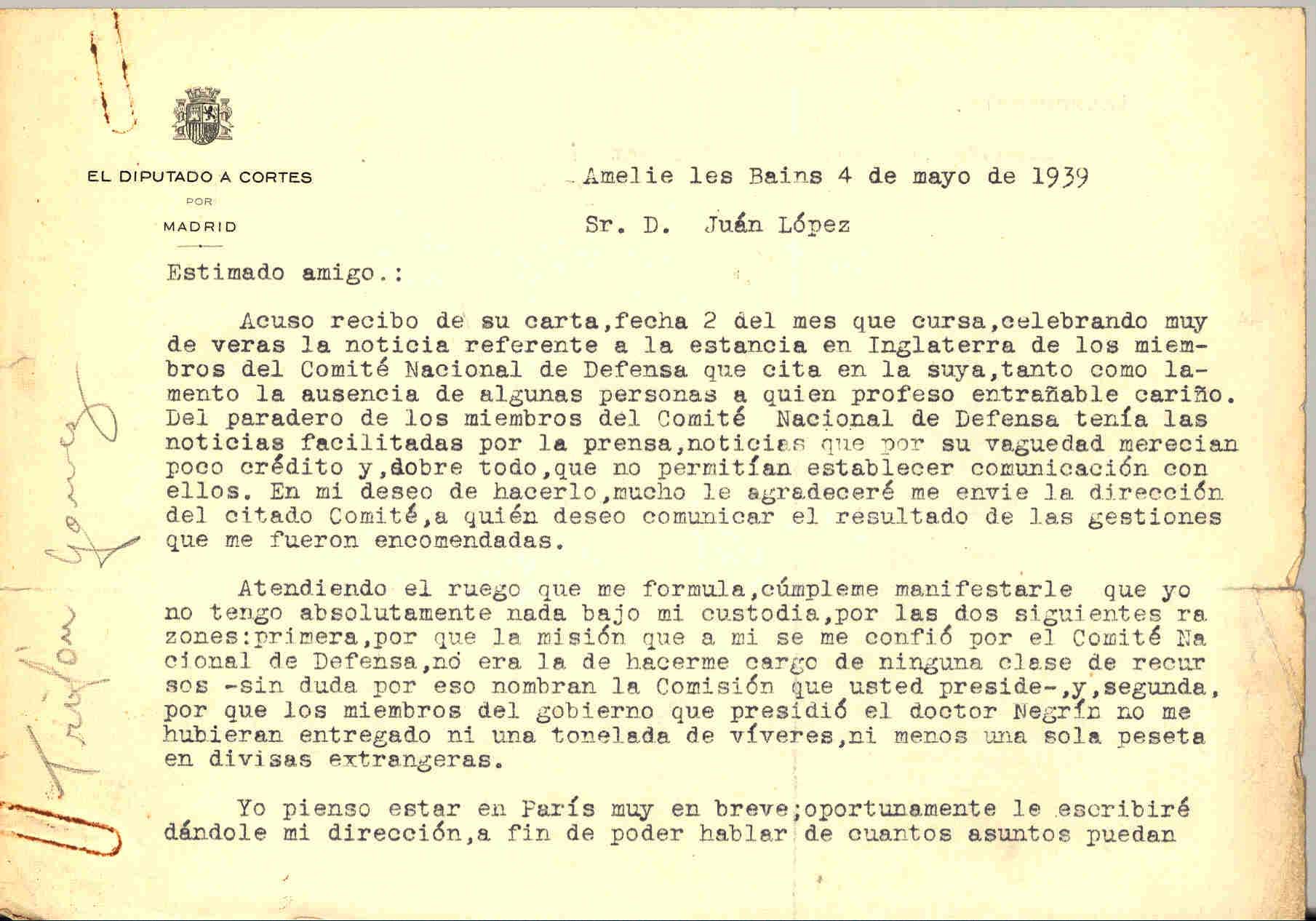 Carta de Trifón Gómez, diputado a Cortes por Madrid, sobre la situación de varios compañeros en Londres y sobre su misión dentro del Consejo Nacional de Defensa.