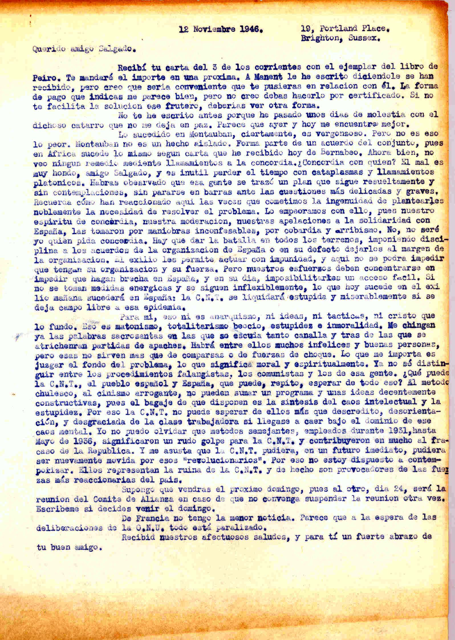 Carta a Manuel Salgado sobre lo sucedido en Montauban e informándole sobre la próxima reunión del comité de la Alianza