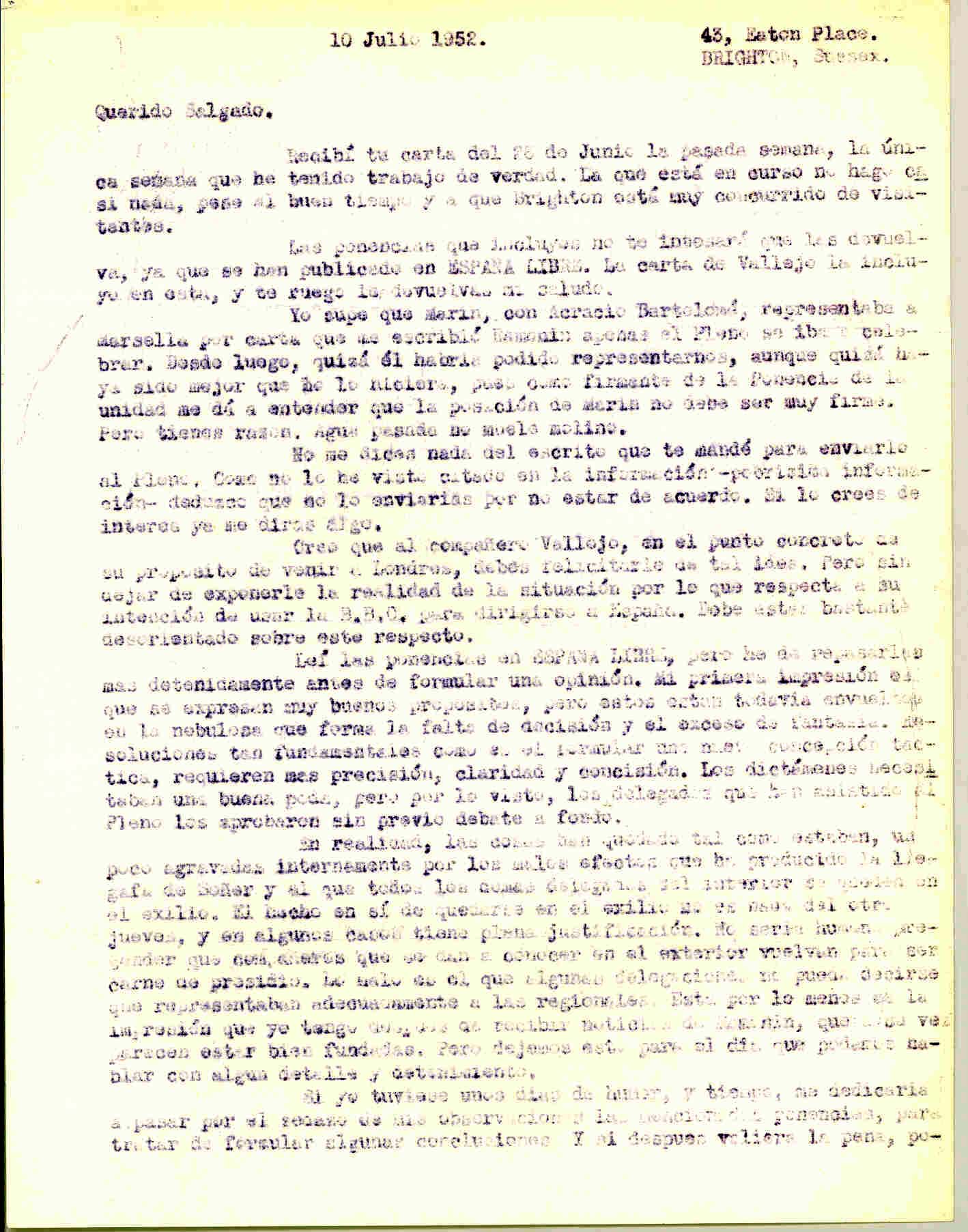 Carta a Manuel Salgado sobre las ponencias del Pleno de Francia que han sido publicadas en España Libre y sobre las conclusiones tras el Pleno.