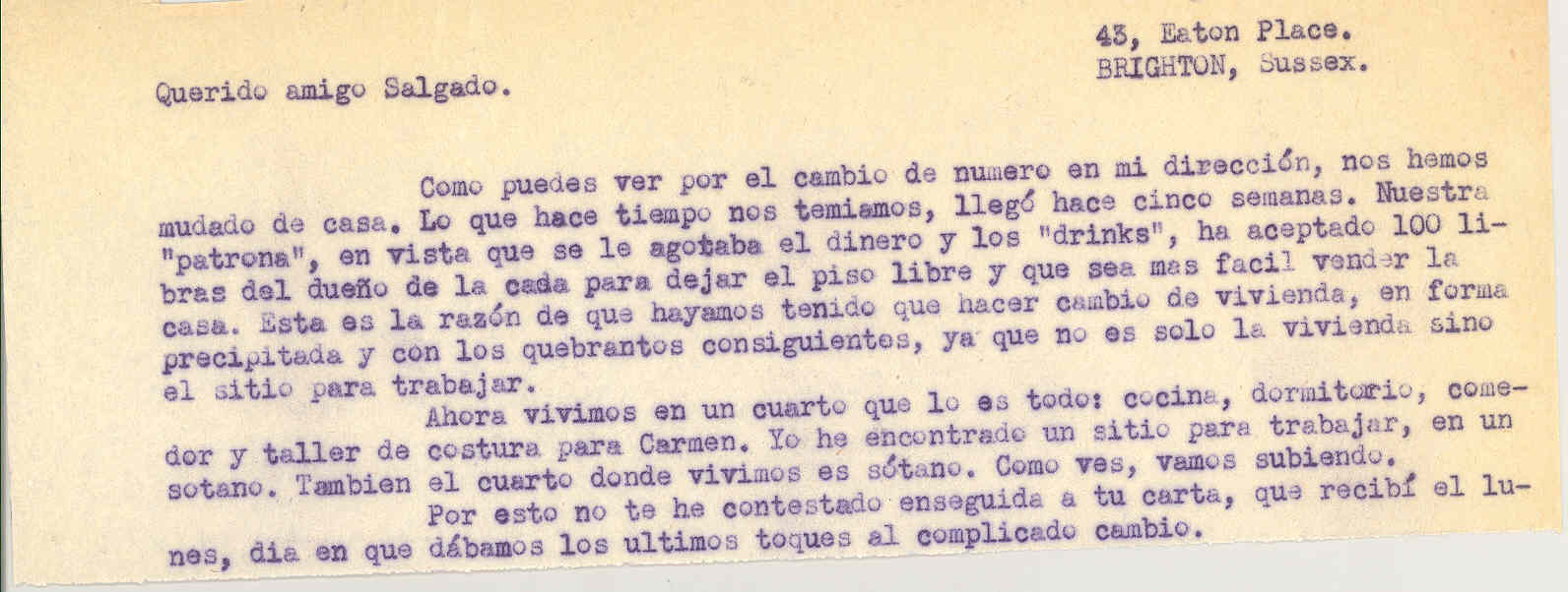 Carta a Manuel Salgado sobre su cambio de dirección postal y los motivos que los han conducido a ello