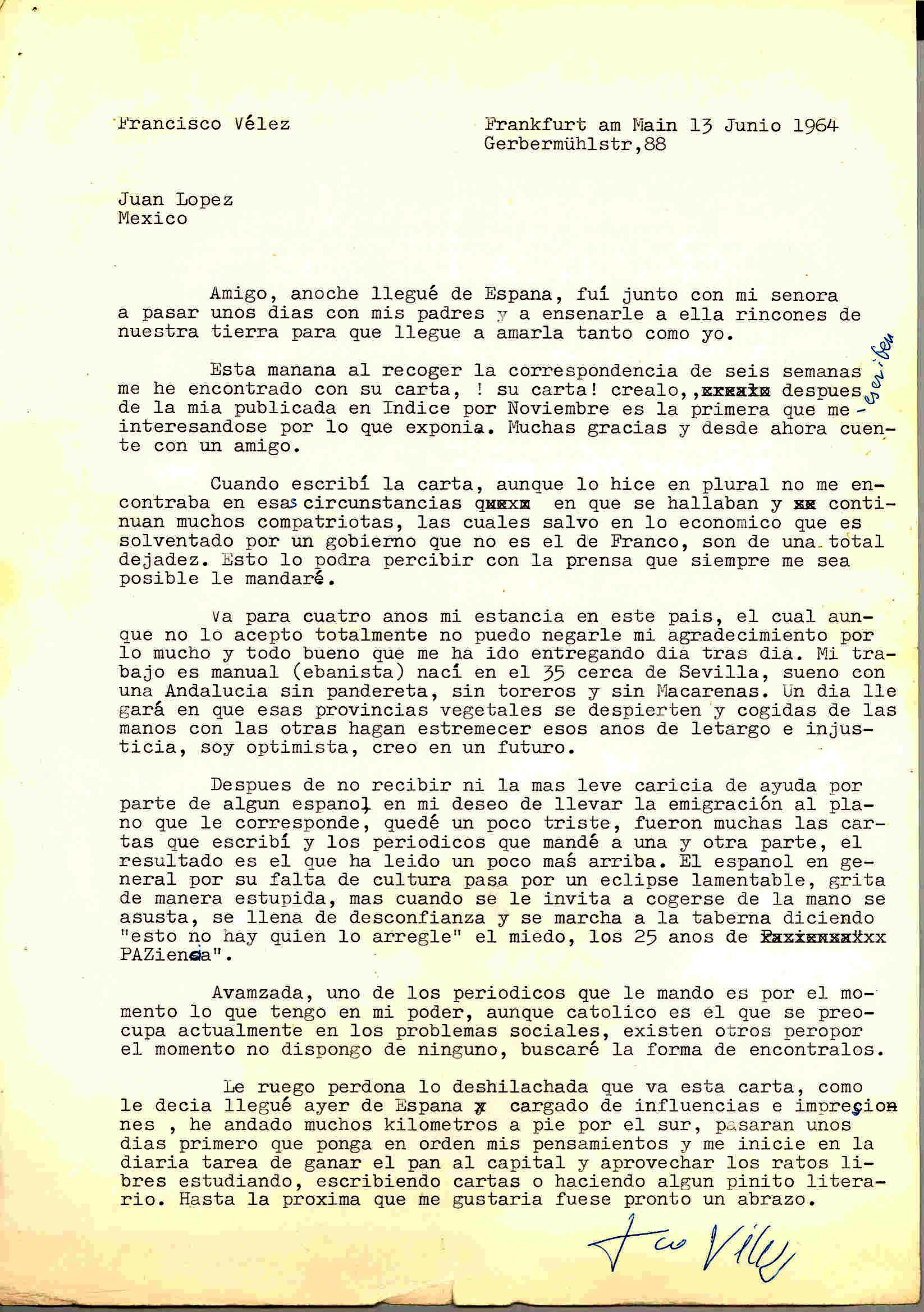 Carta de Francisco Vélez Nieto sobre la carta publicada en Índice, sus influencias e  impresiones sobre su viaje a España.