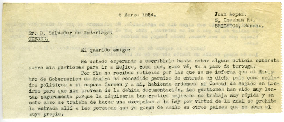 Carta a Salvador de Madariaga en la que informa que el Ministro de Gobernación de México les ha concedido permiso de entrada en ese país