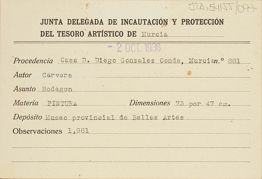 Ficha de un Bodegón, obra de Cervera, procedente de la casa de Diego Gonzalez Conde en Murcia.