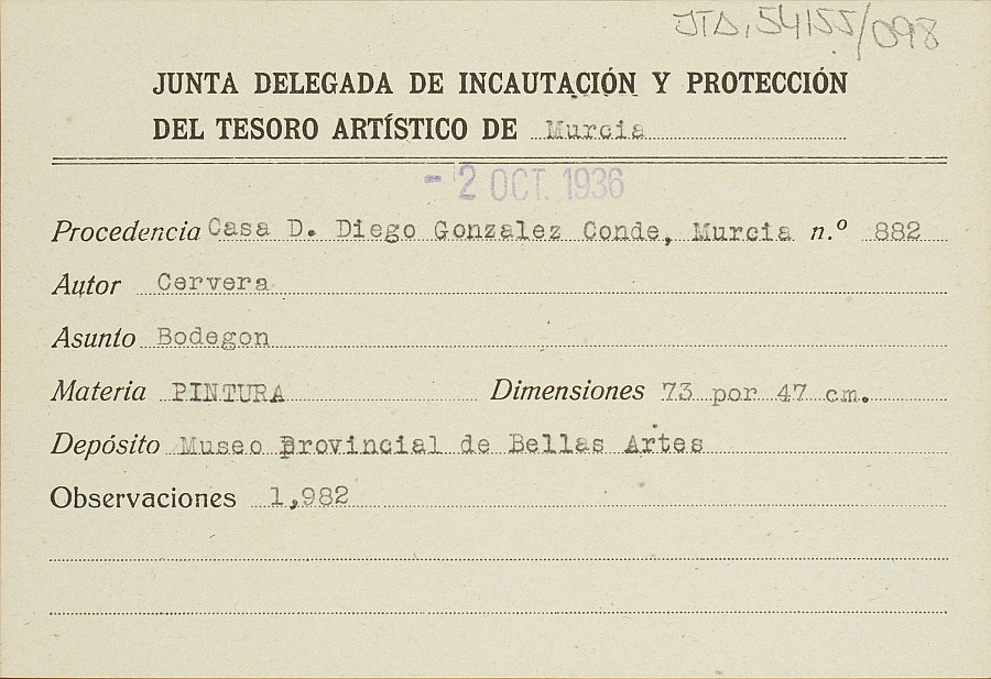 Ficha de un Bodegón, obra de Cervera, procedente de la casa de Diego Gonzalez Conde en Murcia.