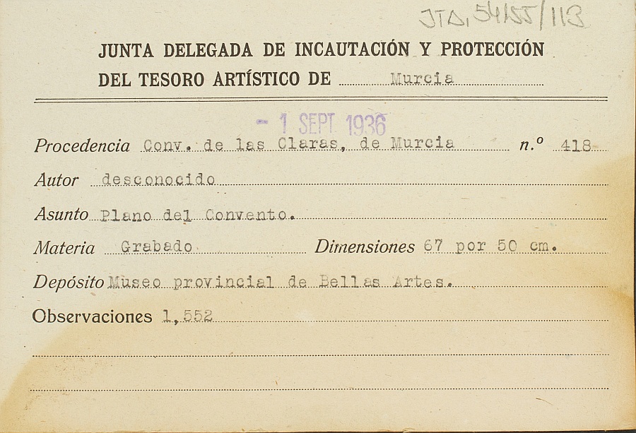Ficha del plano del convento, autor desconocido, procedente del convento de las Claras de Murcia.