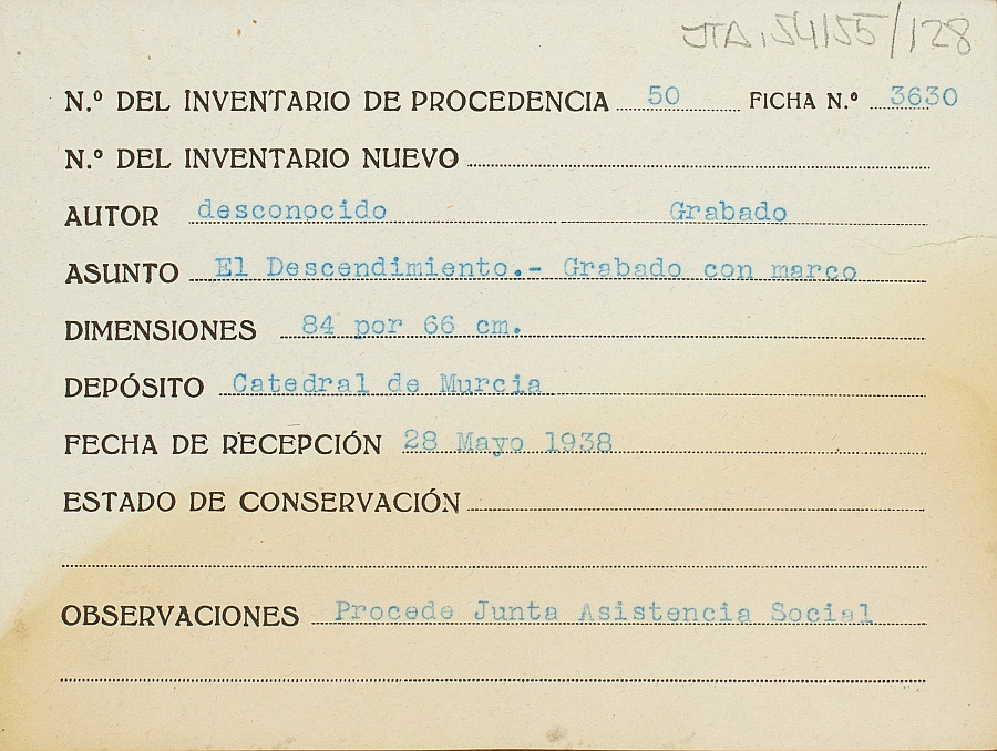 Ficha del grabado El Descendimiento, obra anónima, procedente de la Junta de Asistencia Social.