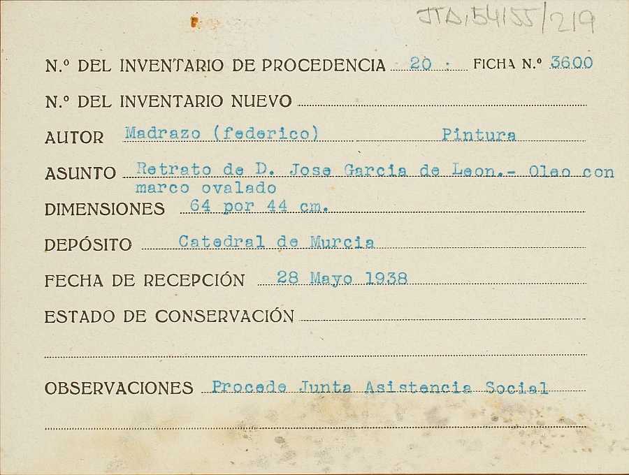 Ficha del retrato de José García de León, obra de Federico Madrazo, procedente de la Junta de Asistencia Social.