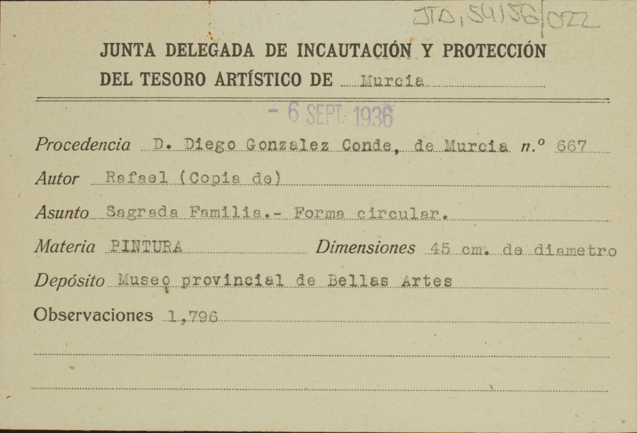 Ficha de un tondo de la Sagrada Familia, de una copia de Rafael, procedente de Diego González Conde.