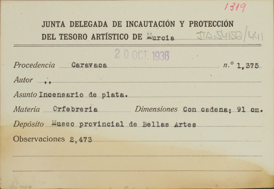 Ficha de un incensario de plata, obra de Francisco Sánchez Araciel, procedente de Caravaca.