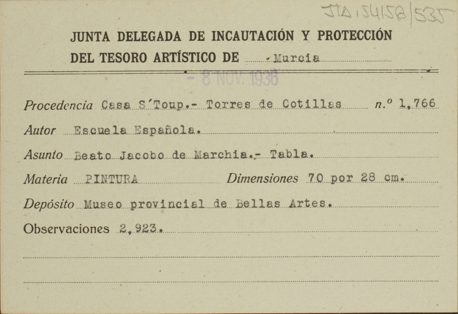 Ficha de una tabla del Beato Jacobo de Marchía, de la Escuela española, procedente de Casa D’Estoup, en Torres de Cotillas.