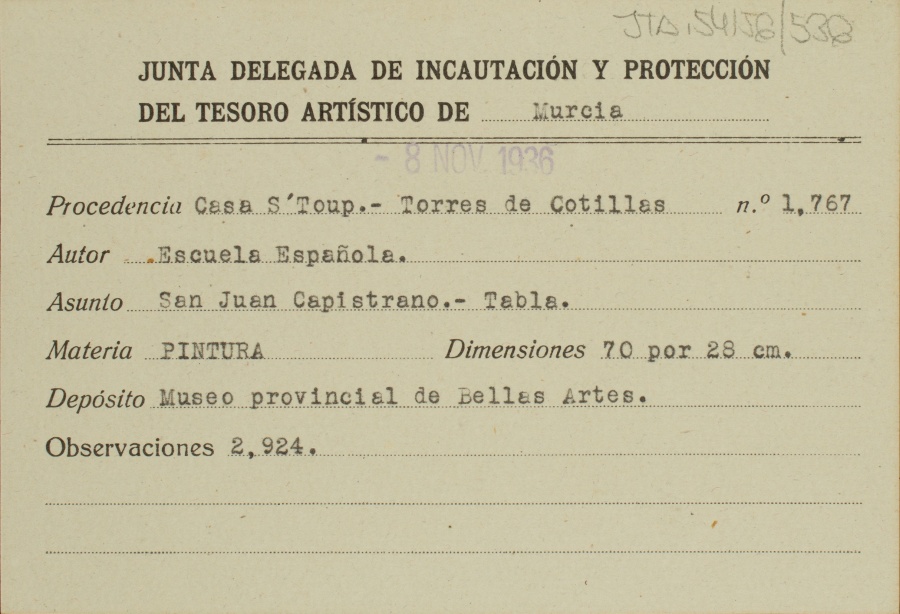 Ficha de una tabla de San Juan Capistrano, de la Escuela española, procedente de Casa D’Estoup, en Torres de Cotillas.