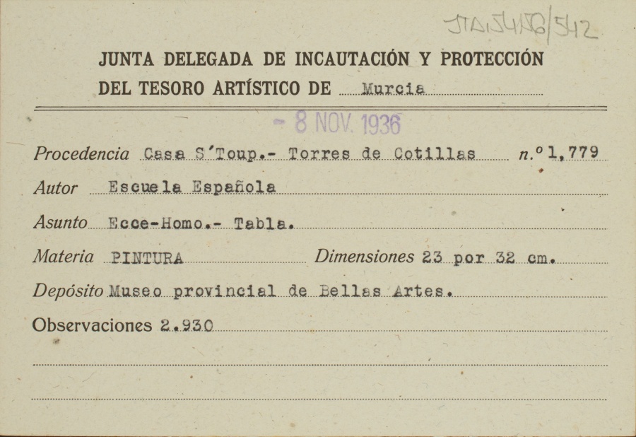 Ficha de una tabla del Ecce-Homo, de la Escuela española, procedente de Casa D’Estoup, en Torres de Cotillas.