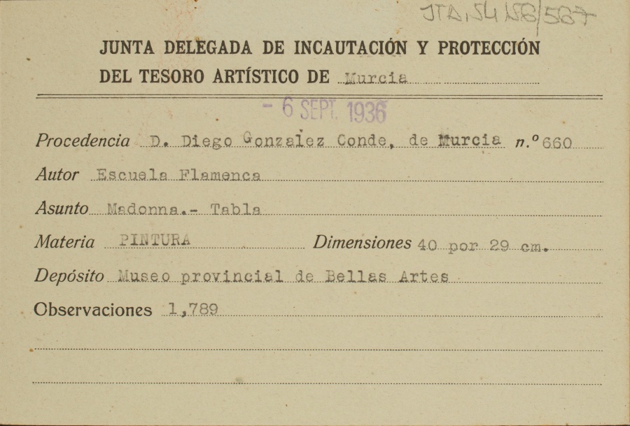 Ficha de una tabla de la Madonna, de la Escuela Flamenca, procedente de Diego González Conde.