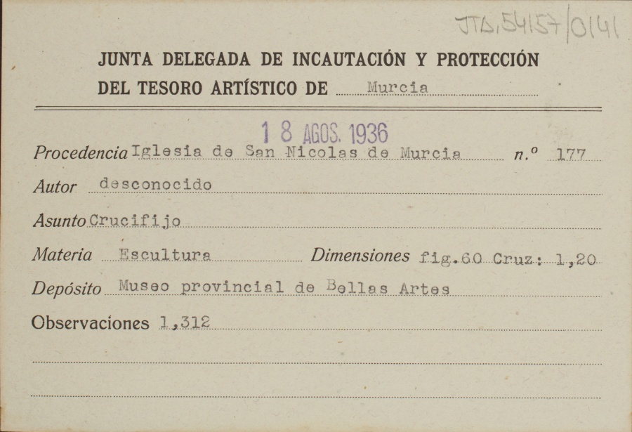 Ficha del  crucifijo, de autor desconocido, procedente de la Iglesia de San Nicolás de Murcia.