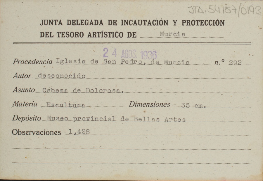 Ficha de una cabeza de la Dolorosa, de autor desconocido, procedente de la Iglesia de San Pedro, de Murcia