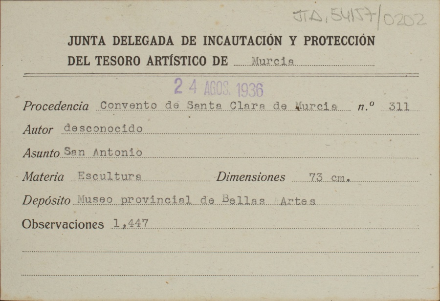 Ficha de un San Antonio, de autor desconocido, procedente del Convento de Santa Clara de Murcia.
