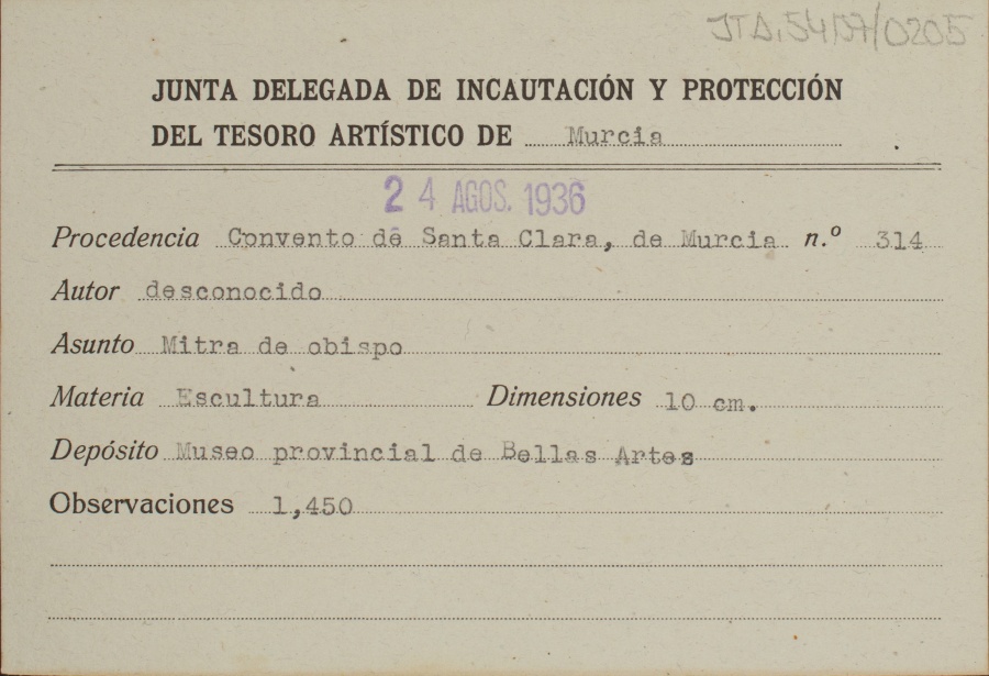 Ficha de una Mitra de Obispo, de autor desconocido, procedente del Convento de Santa Clara de Murcia.