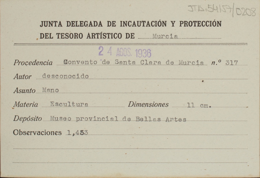 Ficha de una mano, de autor desconocido, procedente del Convento de Santa Clara de Murcia.