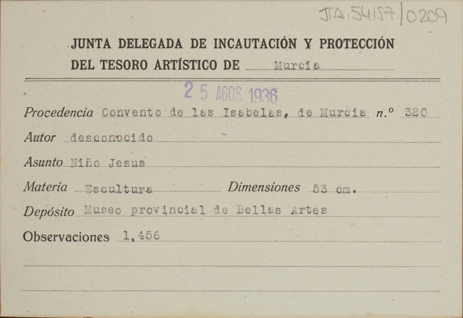 Ficha de un Niño Jesús, de autor desconocido, procedente del Convento de Santa Clara de Murcia.