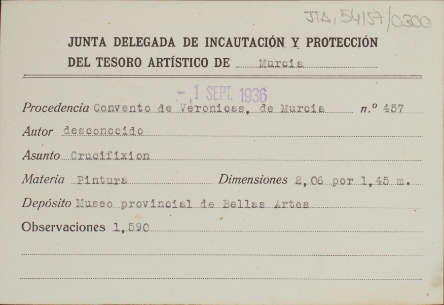 Ficha del cuadro de la Crucifixión, de autor desconocido, procedente del Convento de Verónicas, de Murcia.